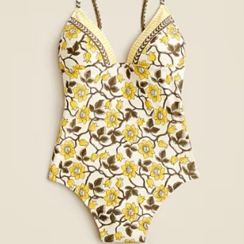 Strappy one-piece swimsuit in daffodil daze block print